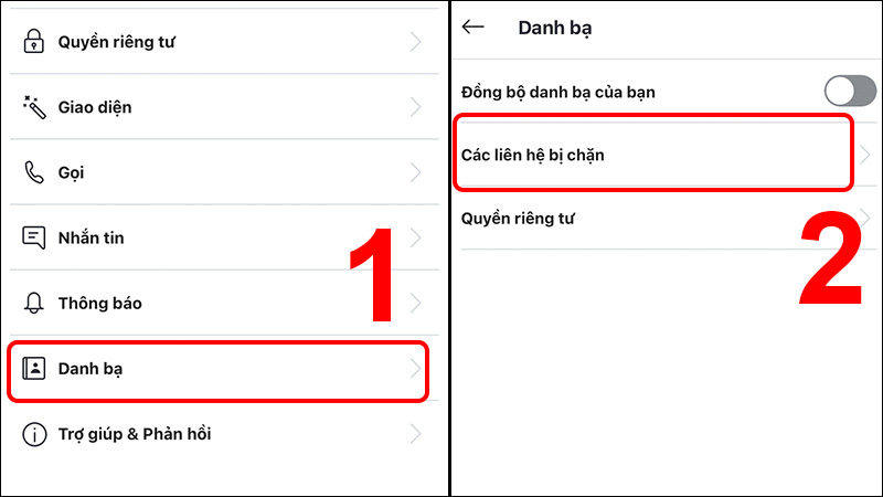 Nhấn vào Danh bạ để xem các danh sách bị chặn